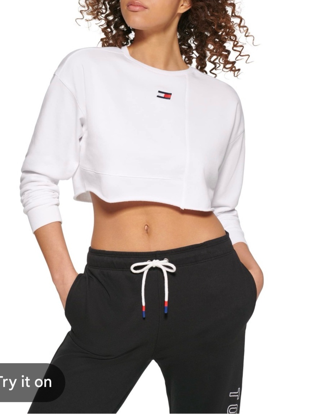Tommy Hilfiger White Cropped Crewneck Sweatshirt with Flag Detail
